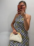 Vestido Maxi Halter Rayas y Palmeras