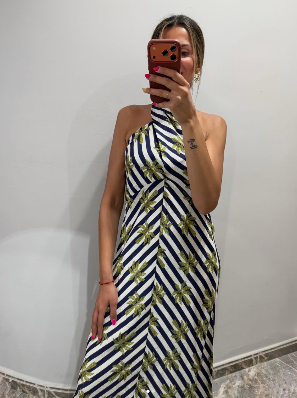 Vestido Maxi Halter Rayas y Palmeras
